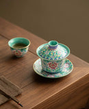 Turquoise Green Enamel "Intertwining Lotus" Floating Sancai Gaiwan